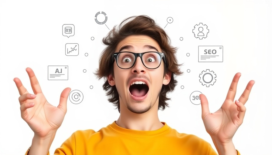 AI SEO super agent image with surprised young man and SEO tools.