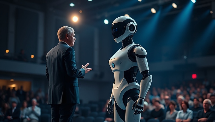 Futuristic AI nurse robot on stage with presenter.
