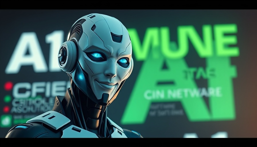 Futuristic AI-themed character smiling in tech promotional banner for AI marketing software.