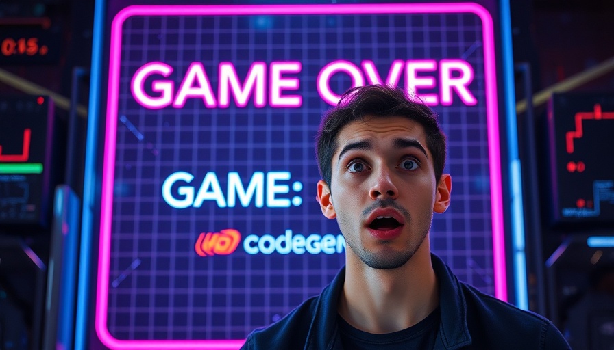 Surprised man in front of digital game interface with 'GAME OVER' and Codegen, neon grid.