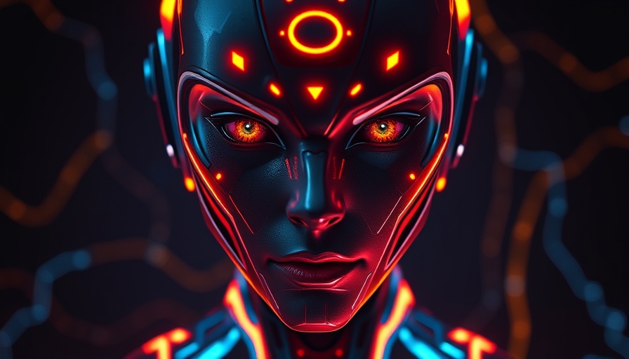 Futuristic humanoid with glowing features in AI marketing software advert.