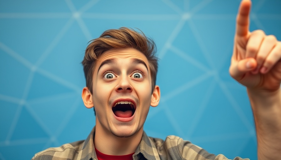 Young man excitedly pointing, vibrant blue pattern background, AI-generated film scenes.