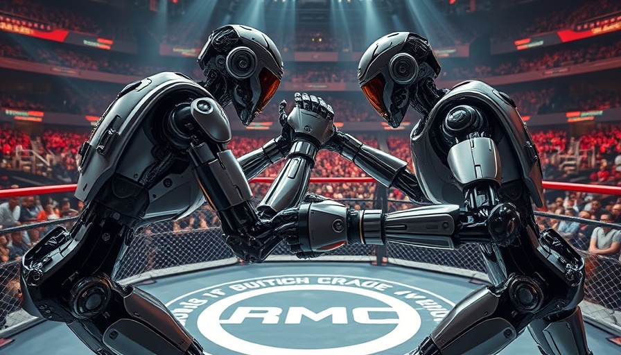 AI robots MMA fight in a dynamic arena setting.