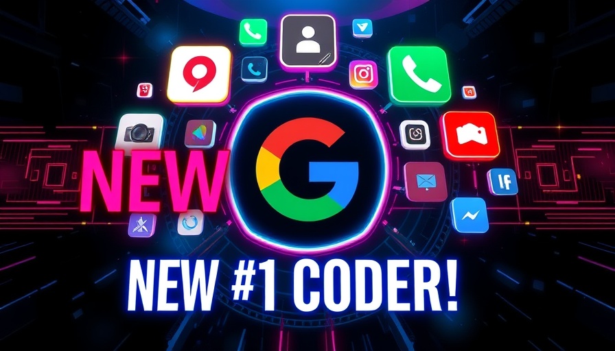 Bold graphic of Google logo with app icons for Stitch development