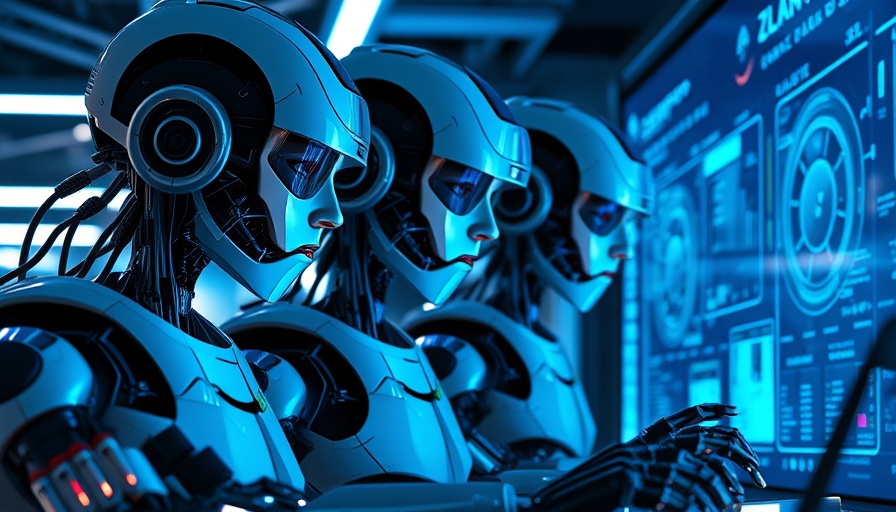 Futuristic robots collaborating at a high-tech workstation with digital interfaces.