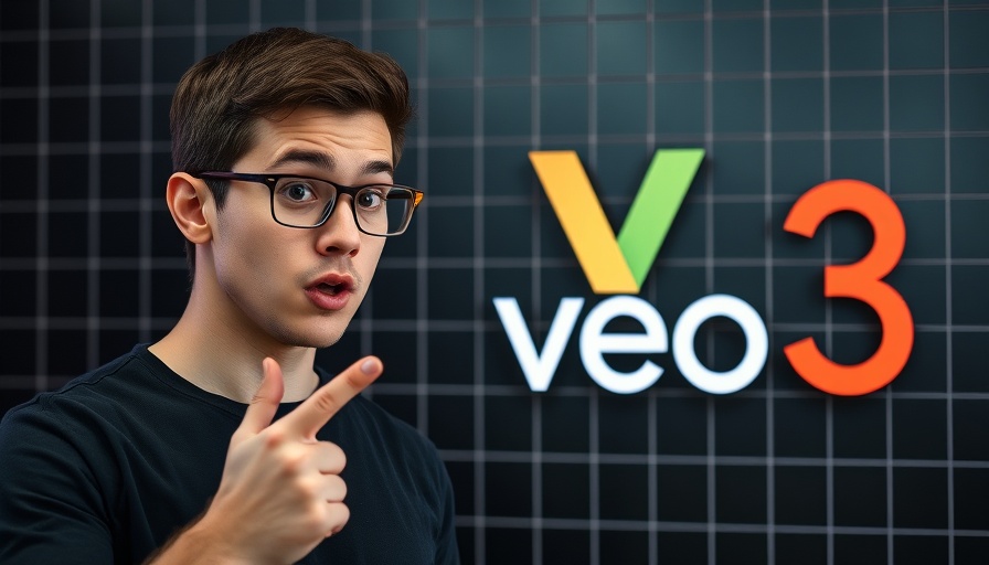 Young man points at Google Veo 3 logo on grid background.