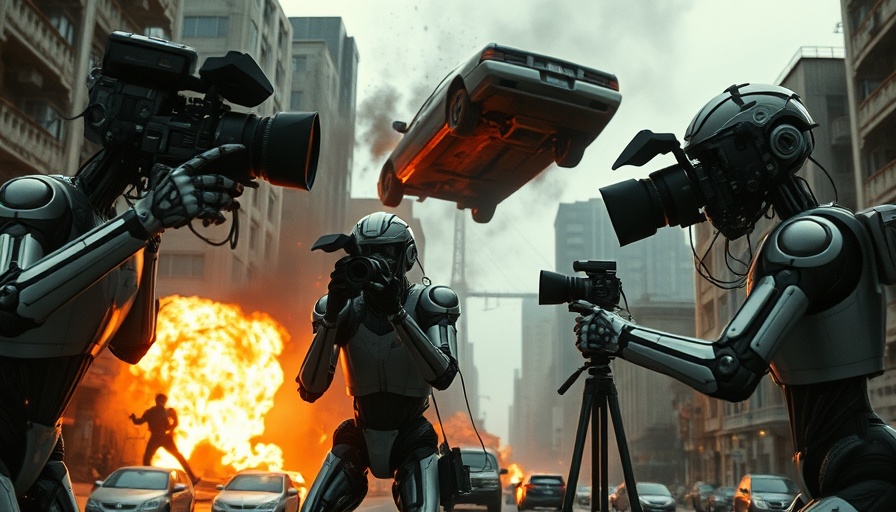 Futuristic cyborgs filming destruction in an urban apocalypse