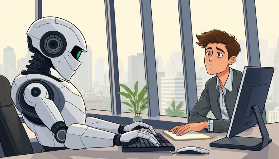 Illustration of AI robot replacing tech jobs, young man worried.