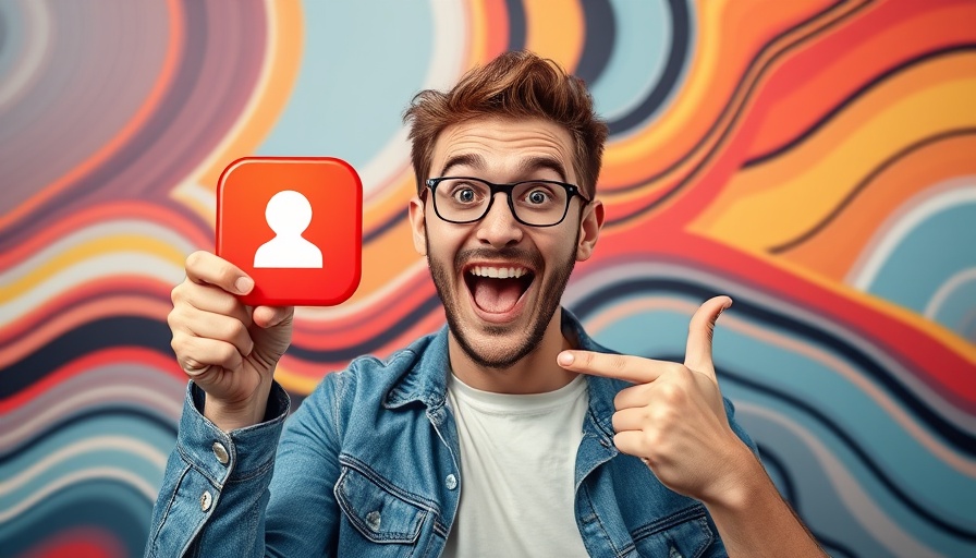 AI vlogging concept with excited man pointing at app icon.