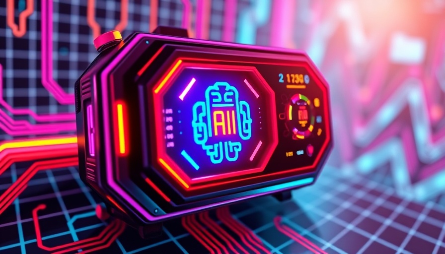 AI reviews themed retro futuristic device with grid background.