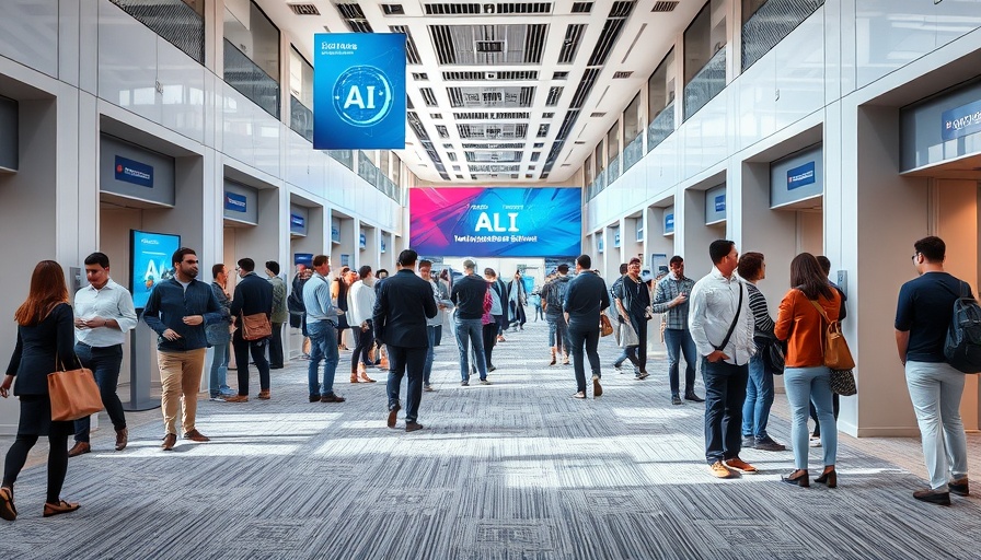 Conference attendees discussing AI learning in modern lobby.