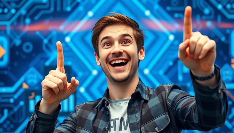 DeepSeek R1: Excited man pointing upward, tech background.