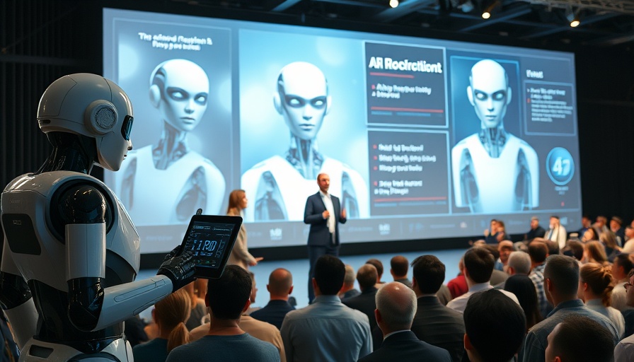 Futuristic presentation showcasing humanoid robots in AI marketing software.