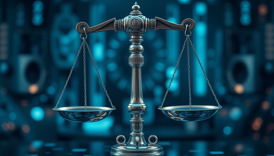 Scales of justice symbolizing AI models governance in a digital realm.
