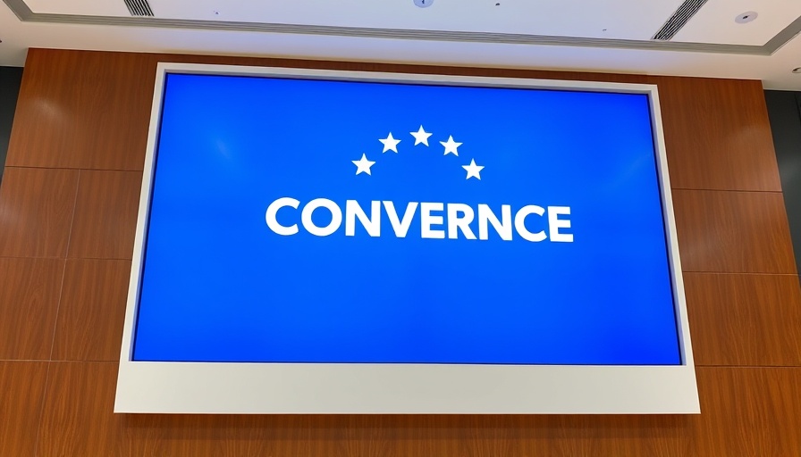 Modern conference sign with bold logo and blue background.