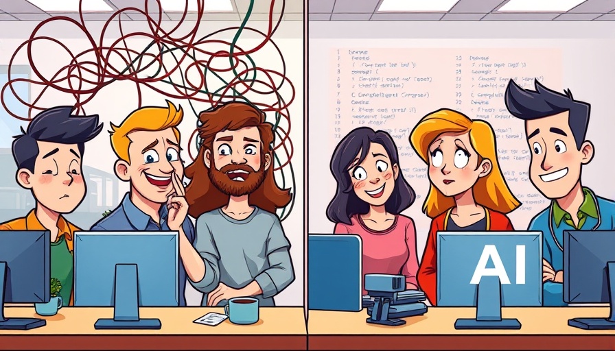 AI reviews cartoon illustrating a coding solution by a team.