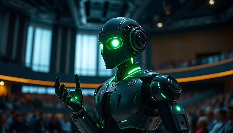 Futuristic robot presentation showcasing AI Task Automation Tool.