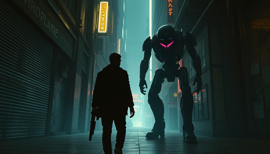 Futuristic AI First scene with man and robot in an alleyway.