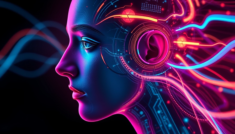 Futuristic AI interface with neon beams and digital profile.