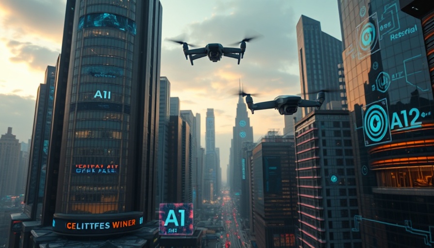 Futuristic city with AI technology, drone hovering, AI first companies.