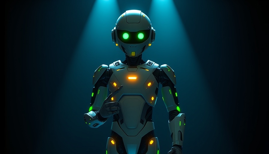 Futuristic humanoid showcasing AI marketing software in cinematic setting.