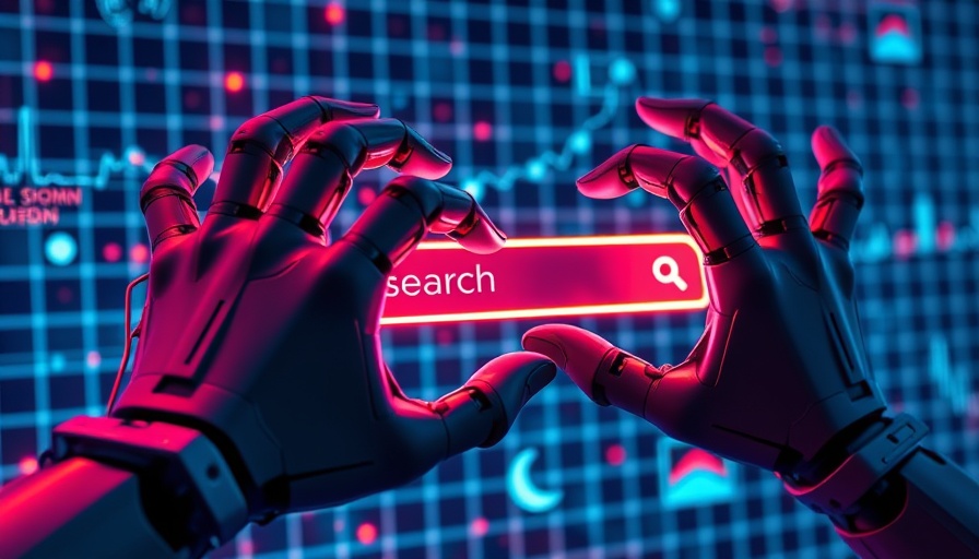 Futuristic AI search concept with robotic hands and neon elements.
