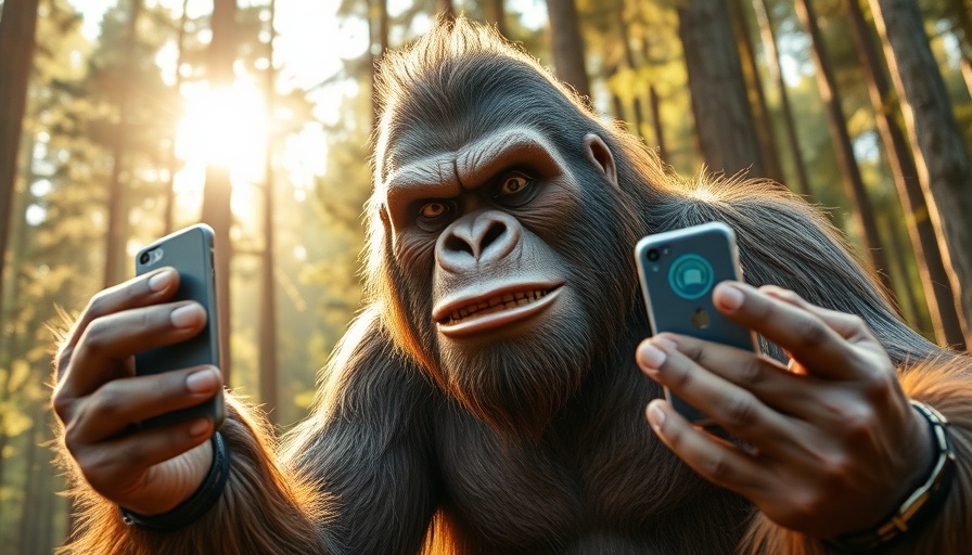 Comical bigfoot taking selfie with tech icons in a forest, AI YouTube video automation.