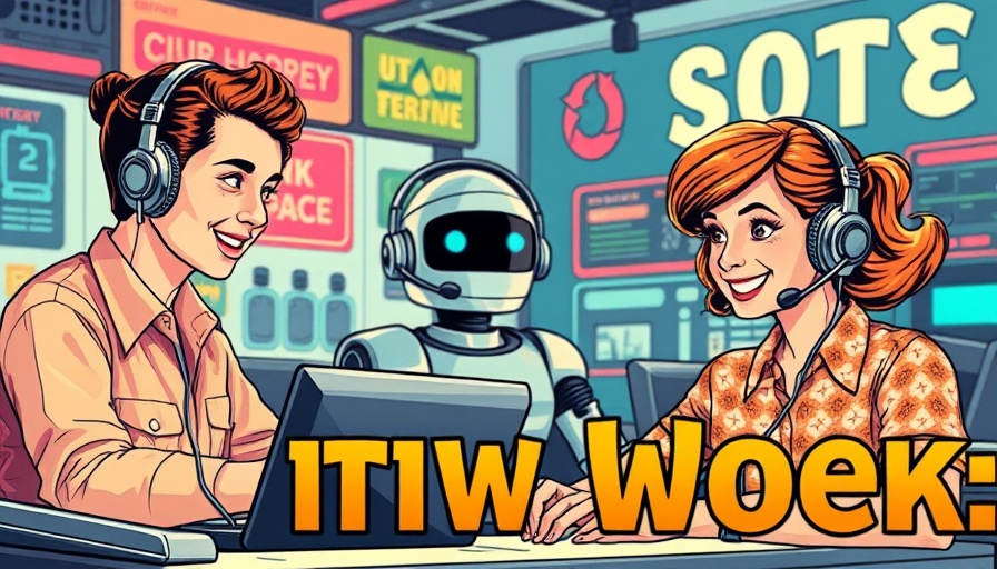 Retro illustration of human customer service AI with robots.