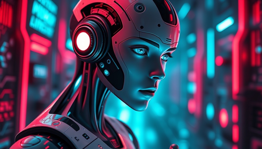 Futuristic AI humanoid representing AI marketing software in a digital environment.
