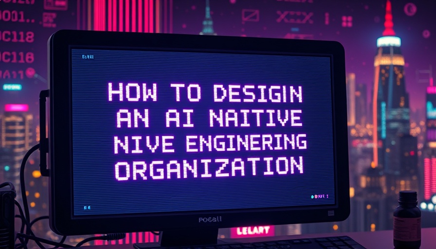 Retro computer screen with AI native engineering text, neon cityscape.