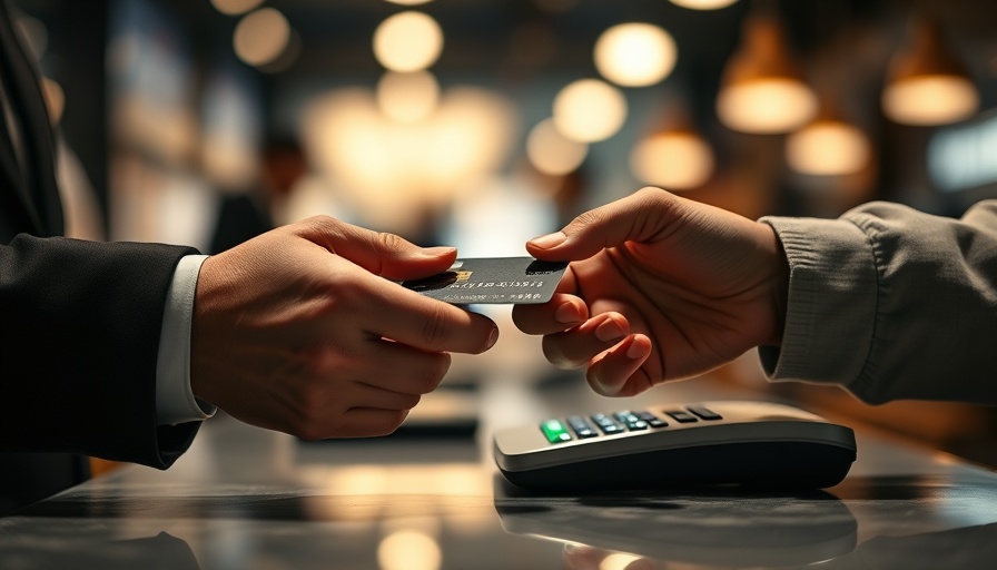 Close-up of a credit card transaction at a counter, highlighting modern banking technology.
