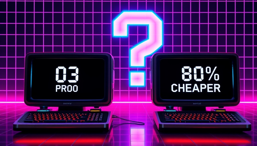 Retro computers comparing AI capabilities in a neon grid setting.