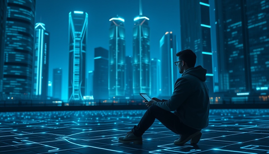 Futuristic cityscape with person discussing AI developments, AI reviews