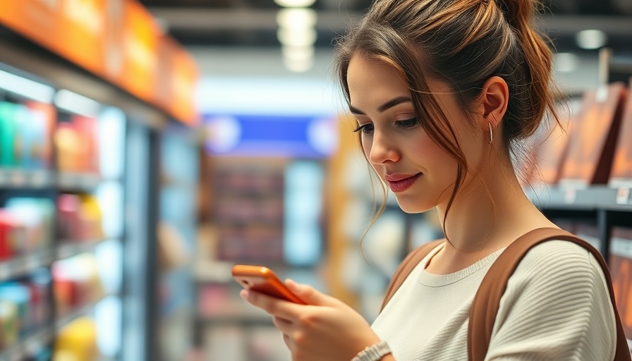 Young woman using smartphone in retail store with AI technology in retail.