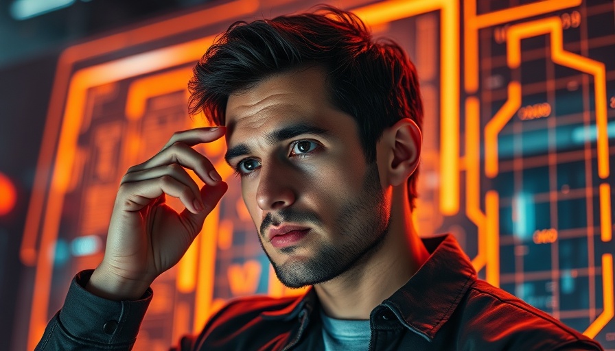 Engaged man contemplating self-adapting AI concepts with digital backdrop.