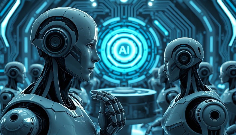 Futuristic AI systems robots discussing architecture