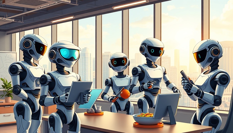 Futuristic robots in an office, showcasing new jobs AI will create.