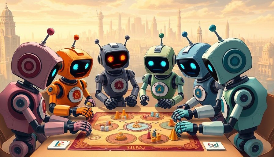 Cartoon robots in AI-themed board game, AI reviews.