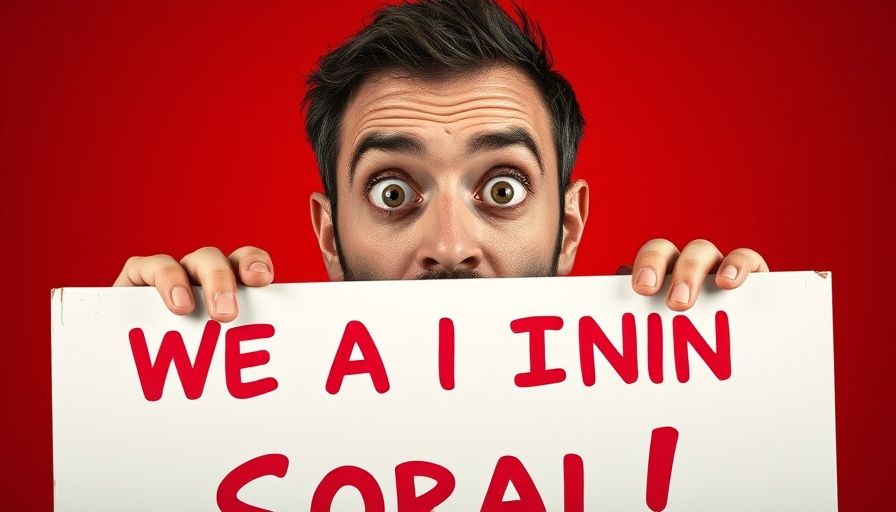 Surprised man holding a sign about a free AI coding tool, vibrant red background