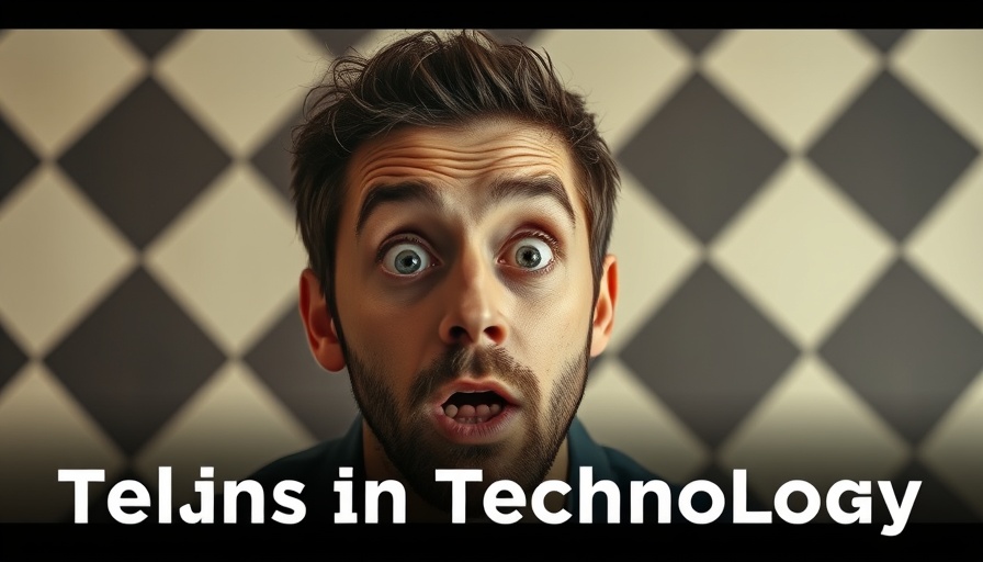 Surprised man reacts to China's new AI technology, geometric background.