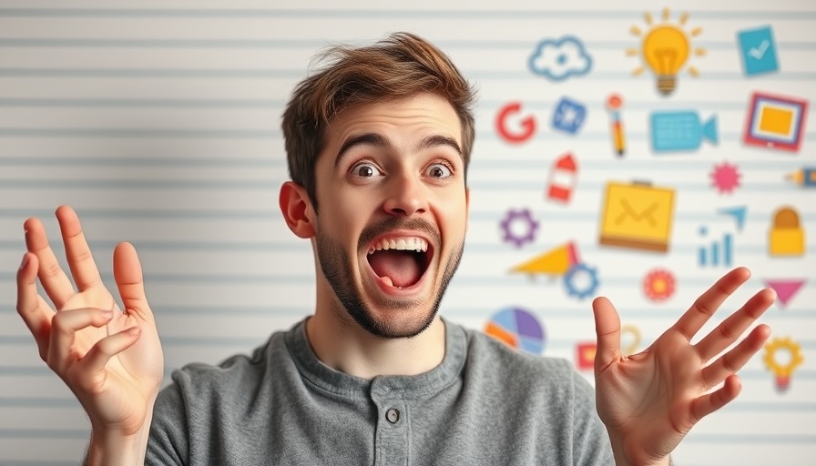 Excited young man discusses new Chinese AI technology with vibrant icons.