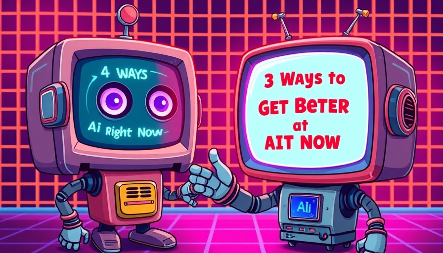 Retro robot showing tips to improve AI skills on screen.