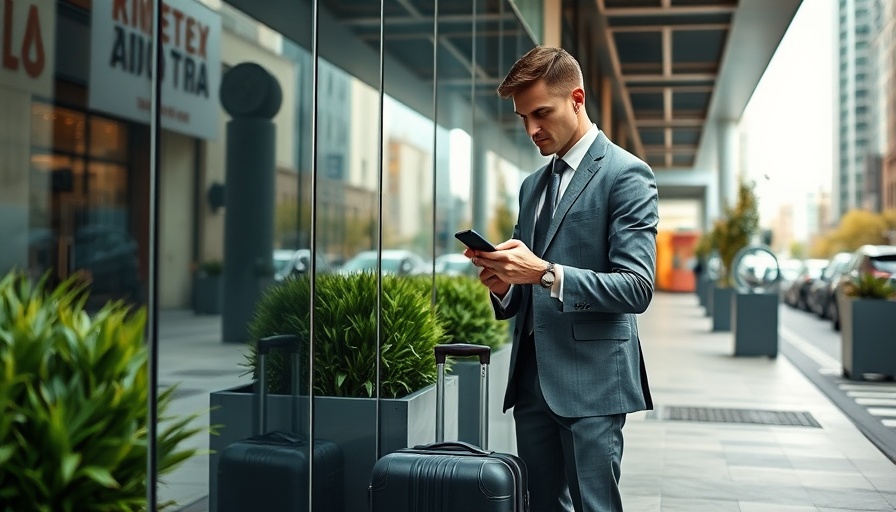 Professional examines phone near glass wall, city street, synthetic data context.