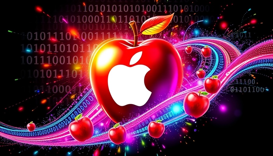 Conceptual illustration of Apple's AI strategy with binary code and apple imagery.