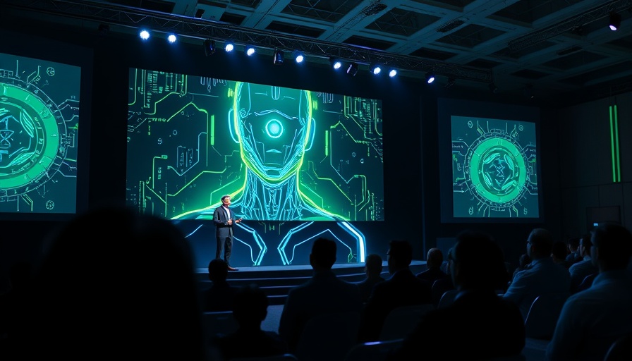 Futuristic AI marketing software presentation with digital avatar.