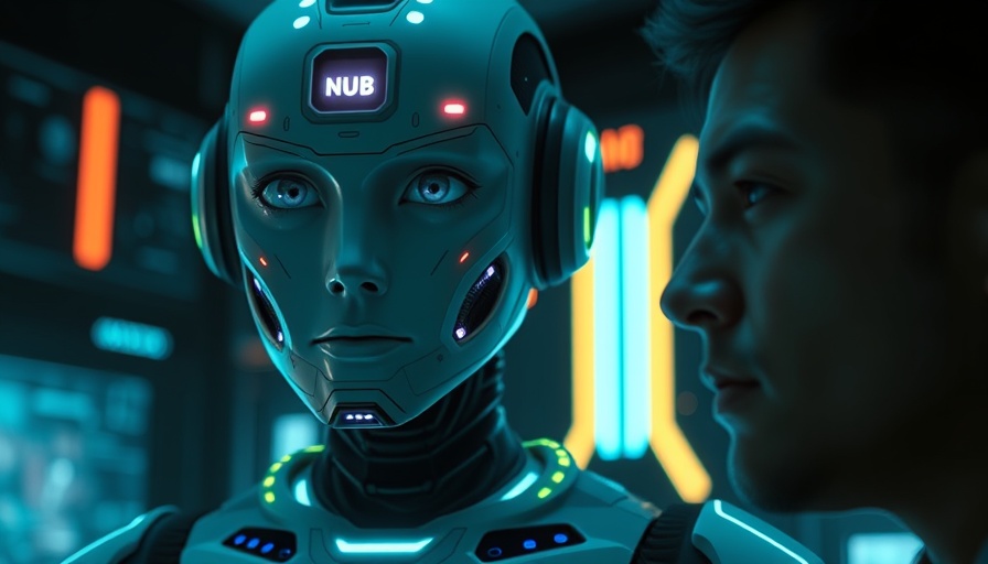 AI marketing software concept featuring futuristic AI and human interaction in a digital environment.