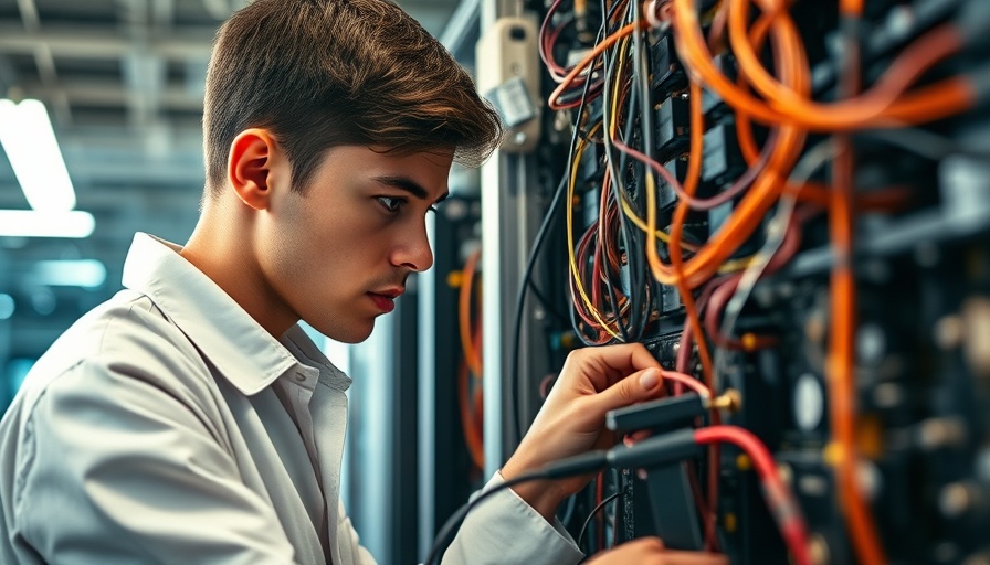 Technician adjusting quantum computer wiring for efficiency improvements.