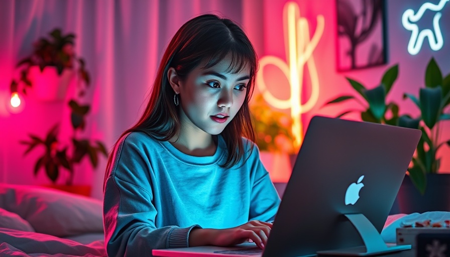 Modern young woman working in neon-lit room, vibe coding revolution in software development.