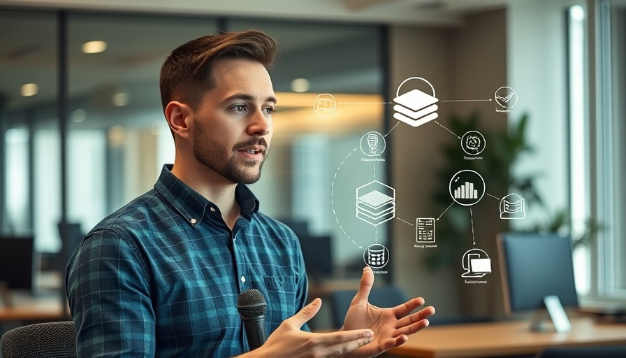 Young man discusses vector databases in an office with diagram.