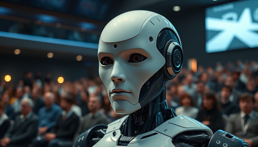 Futuristic humanoid robot at a Deep Agent AI Workflow presentation.